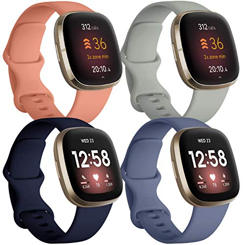 JUVEL Correa Compatibles con Fitbit Versa 3 Correa/Fitbit Sense Correas, 4 Pack Muñequeras Deportivas de Silicona Suave de Repuesto para Mujeres Hombres, Pequeño, Melocotón/Gris/Azul/Gris Azulado