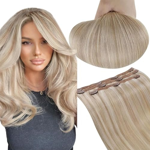 RUNATURE Clip Extensions Echthaar Günstig Blond Highlights 45cm Echte Haare 3Pcs Extensions Echthaar Clip Aschblond Mit Platinblond Clip in Extensions Echthaar 50g #18P60