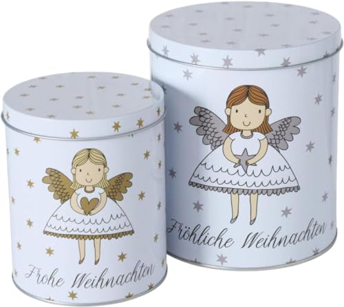 CasaJame 2er Set Metall Keksdose Plätzchendose weiß mit Engel Fröhliche Frohe Weihnachten goldene silberne Sterne sortiert H13-16cm