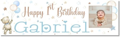 Personalised First Birthday Banner Teddy Bear Party Decorations Any Name Age with Photo (182x61cm) 1st 2nd 3rd 4th 5th 6th 7th 8th One boys Blue Backdrop (6x2ft with PHOTO)