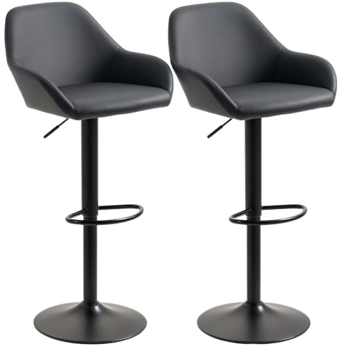HOMCOM Bar Stools Set of 2 PU Leather Kitchen Stools with Backs Black | Height Adjustable, Swivel Barstools, Armrests, Footrest, Home, Counter, Dining Room