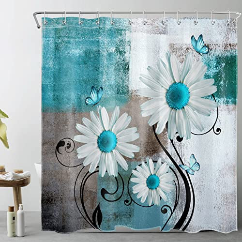 MEUNEAR Bauernhaus-Duschvorhang mit Blumenmuster, türkis, blaugrün, Gänseblümchen, Blumen, Schmetterling, Duschvorhang, modern, abstrakt, geometrisch, grau und weiß, 12 Haken, 183x183 cm