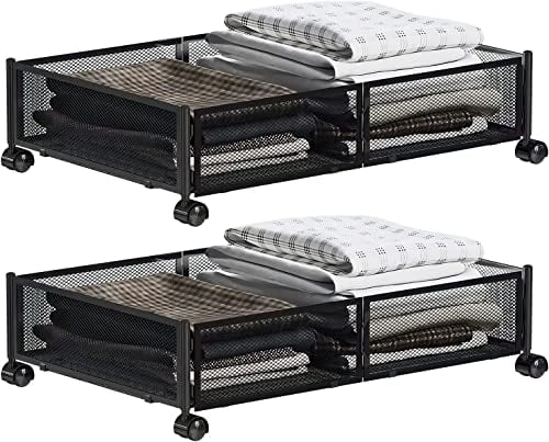 MISNODE Unterbett-Aufbewahrungsbehälter unter dem Bett, 2 PCS Aufbewahrungsbehälter mit Rädern, werkzeuglose Montage, Metall, Unterbett-Aufbewahrungs-Organizer, Schublade für Schlafzimmer, Schwarz