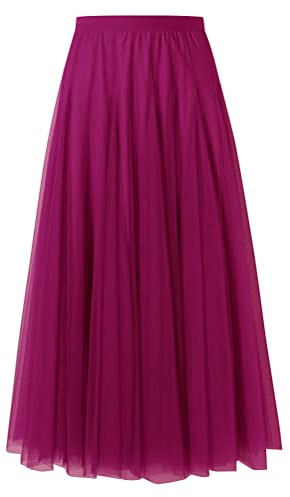 shownicer Damen Maxirock Chiffon Lang Rock Frauen Boho Festlich Freizeitrock Einfarbig Langrock Hochzeit Cocktail Hohe Taille Skirt A Rose Rot 3XL