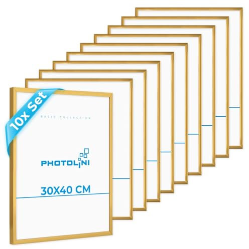 PHOTOLINI Bilderrahmen 30x40 cm Gold, 10er Set Kunststoff-Rahmen schmal, bruchsicheres Acrylglas, zum Aufhängen, extra Zubehör - Dokumentenrahmen für Urkunden, Zertifikate & Fotos