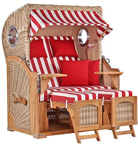 Strandkorb Teakholz Volllieger Strandstuhl Liegestuhl PE Geflecht Shell Düne TEAK Bullauge inkl. 4 Kissen+Wechselpolster - Strandkörbe aus Teak für Garten, Wintergarten und Terrassen (Dessin 562)