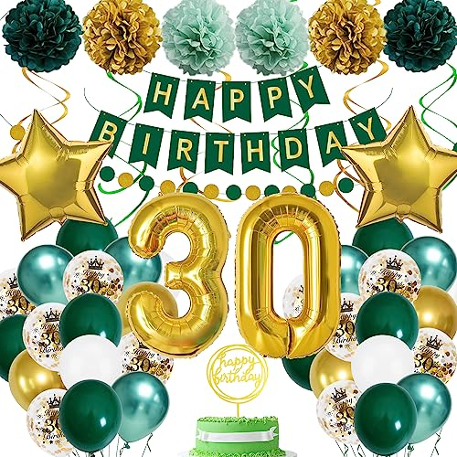 30 Geburtstag Deko Frauen Mann, 30. Geburtstag Dekoration Grün Gold 30 Geburtstagdeko Luftballons 30 Happy Birthday Banner 30. Geburtstag Konfetti Luftballons für 30 Geburtstagdeko Frauen Mann