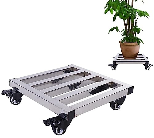 Carrito de acero inoxidable para plantas con ruedas, carrito cuadrado de metal para macetas grandes, carrito de macetas de jardín, soporte de macetas de hierro resistente (color: plata, tamaño: 40 cm)