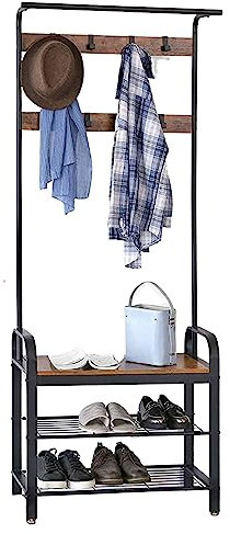 NOVECRAFTO 4-in-1 Design Coat Rack with Shoe Storage Bench 13.2 x 33 x 72.0 Inches (33.7 x 84 x 183 cm) Industrial Rustic Brown and Black Coat Stand with 9 Removable Hooks for Hallway Entrance