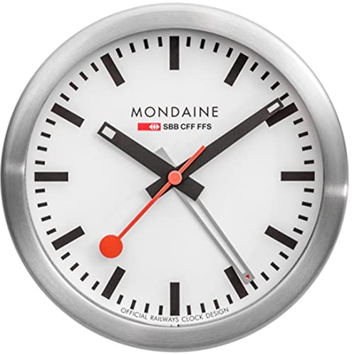 Mondaine Mini-Wanduhr und Wecker mit Gehäuse aus Aluminium, tickender Sekundenzeiger, in der Farbe: Silber/Grau, Glas: Mineralglas, A997.MCAL.16SBB.1