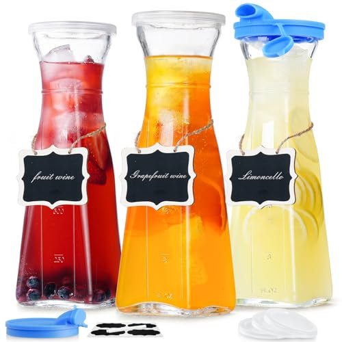 Liter Glass Water Carafe Pitchers with Plastic Lid, 32 Oz Milk Juice Containers for Fridge Reusable Chalkboards, 3 Pack Glass Juice Pitchers With Pour Spouts for Mimosa Bar, Party, Wine Carafe