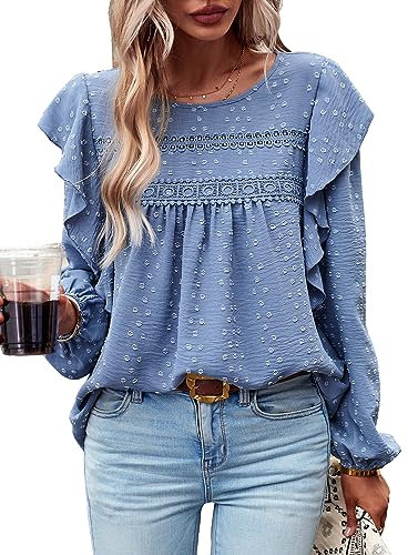 MYCOLORBLUE Blusen Tuniken für Damen Elegant Rüschenärmel Swiss Dot Spitzenbesatz Vorne Falten Streetwear Rundhals Hemdbluse Blau M
