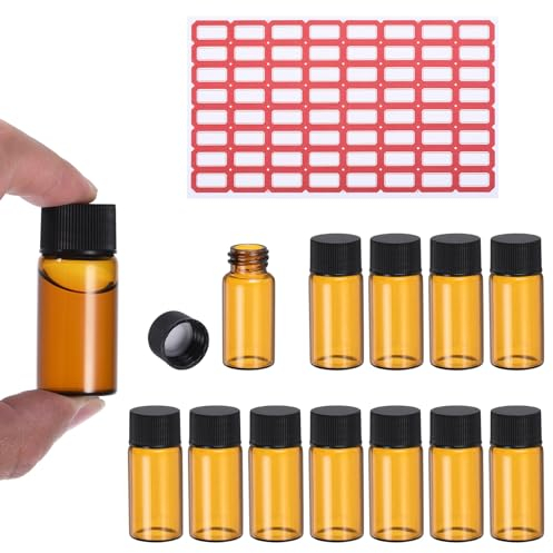Patikil 10ml Amber Glass Vials, 12 Pack Sample Vials with Screw Cap and Write-on Spot Reagent Media Bottle with Labels Leak-Proof Liquid Bottle for Lab