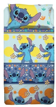 Stitch, Bettwäsche-Set für französisches Bett, Disney, Bettlaken, Spannbettlaken, Kissenbezug, Hellblau, Disney, 100% Baumwolle, offizielles Produkt