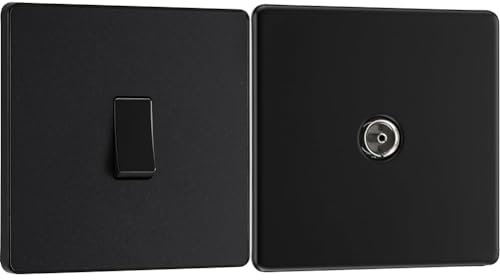 BG Electrical Evolve Single Light Switch, 20A, 2 Way, Matt Black & Electrical Single Co-Axial Aerial Connection, Matt Black
