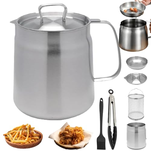 Stainless Steel Large Capacity Oil Fryer And Filter Cup Combo, Stainless Steel Oil Filter Pot, 304 Versatile Oil Filter Vessel, Cooking Oil Container, Bacon Grease Container (Matte-2L)