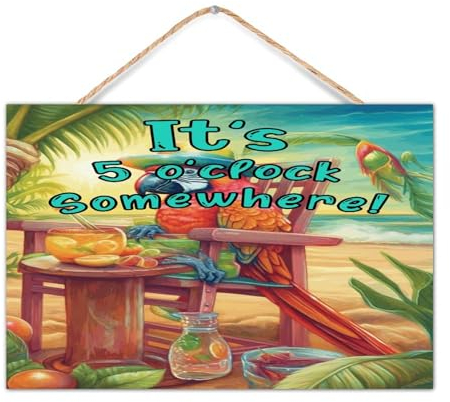 Holzschild zum Aufhängen, Motiv: It's Five O'clock Somewhere, Heimdekoration, zum Aufhängen, Papagei, bunt, Vogel, Meer, Retro-Holzschild für Zimmer, Esszimmer, Fenster, 30,5 x 20,3 cm