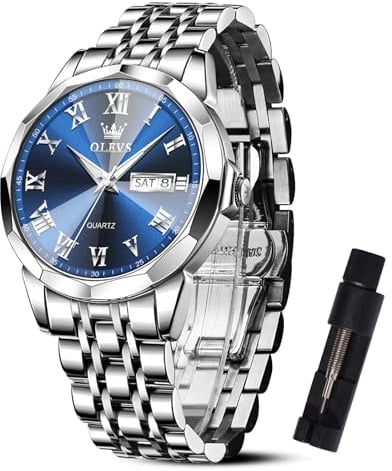 OLEVS Silber Armbanduhr Herren Analog Mode Kleid Herren Uhren Metall Handgelenk Blau Großes Zifferblatt Uhr Herren Datum Leicht zu lesen Wasserdicht Quarzuhr Lässig Geschenke für Männer Günstig