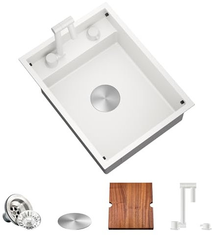 TORVA Fregadero blanco con estación de trabajo para bar, caravana, cocina, con grifo plegable integrado, acero inoxidable de calibre 16, 40,7 x 53,4 x 17,8 cm