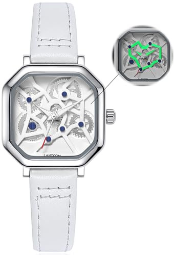 LANZOOM Damen Armbanduhr Leuchtende Punk Herz Quarz Uhr - 316L chirurgischer Edelstahl, mechanisches Getriebe-Design, weißes Lederarmband, 3ATM wasserdicht, Weiss/opulenter Garten, Punk, cool,