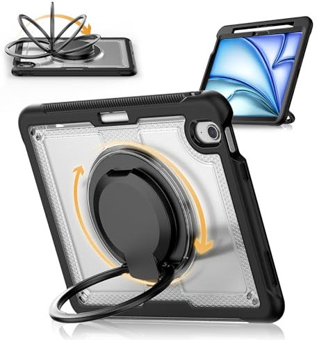 KAIJIAbox Coque pour iPad Air 11 M2 2024 (Air 6th), légère, résistante aux chocs et aux chutes, avec protecteur d'écran, poignée rotative à 360°, bandoulière réglable et porte-crayon (transparent)