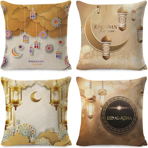 Sunshine smile 4 Stück Ramadan Kissenbezug,40x40cm Ramadan Dekokissenbezüge,Ramadan Wurfkissenbezüge Set,Ramadan Deko Kissenhülle,Kissen Ramadan,Leinen Dekokissen für Eid Mubarak Sofa Wohnzimmer