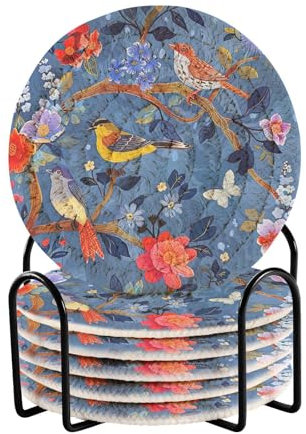 Untersetzer-Set, bunte Vögel und Blumen, 6er-Set, flüssigkeitsabsorbierende Untersetzer, Kaffee-Dekoration, Glas-Tisch