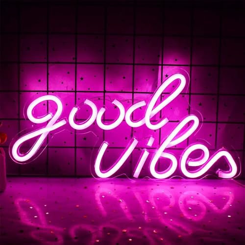 Rppiup Good Vibes - Cartel de neón, LED con texto en la pared, letras USB personalizadas, luz de neón, color rosa neón