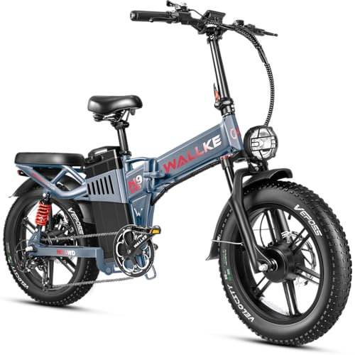 W Wallke H9 Folding Adult Dual Motor Full Suspension Electric Bike Battery 48V 60Ah 20 Inch Fat Tire Electric Bike Hydraulic Brake (gray)