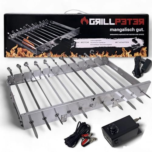 Grillpeter Mangal Drehspießaufsatz aus Edelstahl mit 230 V Elektromotor Spieße (mit 11 Spieße)