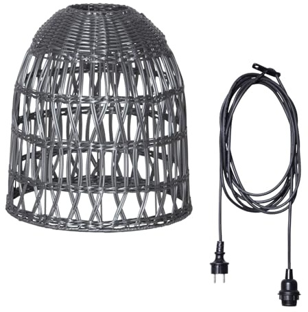 Lampenschirm BELL in Rattan Optik outdoor wetterfest für Garten Terrasse Balkon für E27 Fassungen schwarz H: 33cm Hängelampenschirm für Innen Außen in Korbgeflecht Stil (D: 30cm/grau-5m Kabel)