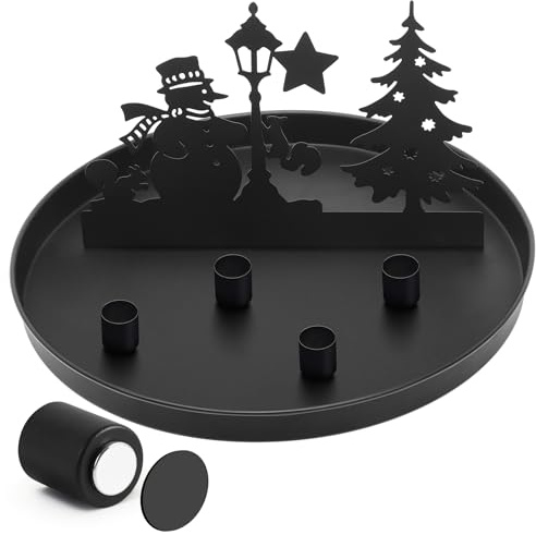 Magnet Kerzentablett für Advent Ø 30 cm mit 4 magnetischen Metall Kerzenständer Weihnachten Stabkerzenhalter Adventskranz Deko Tablett Festtags Kerzen Ständer, Schwarz- Schneemann