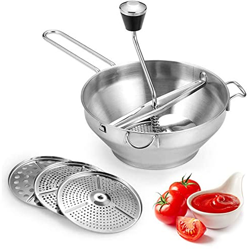 Ejoyous Passiergerät Flotte Lotte, Molinillo Manual de Verduras y Frutas de Acero Inoxidable con 3 Placas de Molienda, para Alimentos de bebé, Sopas y Purés