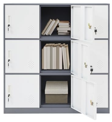 Aufbewahrungsschrank Büroschrank mit 9 Fächern & Einzelschlössern, Spind Zuhause mit Schallschutz, 120kg Tragkraft, Stahl Schließfach Aktenschrank für Schule, Büro, 90cm x 42 cm x 100 cm