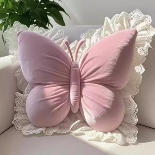 BWGHBH Dekokissen mit Schmetterlingsspitze Lendenstützkissen Rückenkissen niedliches Plüschkissen für Sofa Schlafzimmer Couch Autositz weich prall Kopfstütze 50X45cm(19,6 x 17,7 Zoll) (Rosa)
