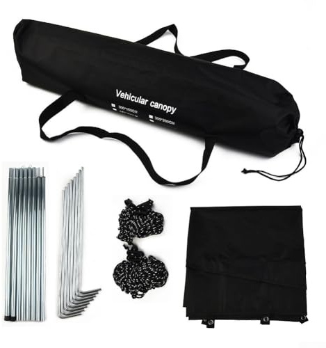 Yhenlovtt Car Side Awning Sun Canopy 300x150cm with 3-Pole Design for Van Campervan SUV - Waterproof 210D Fire Retardant Fabric for Shade and Shelter
