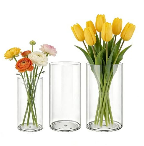MELEJIA 3er-Set Acryl Blumenvase, Bruchsichere Transparente Zylindervase, Modern Acryl Vasen zur Dekoration, Vase für Hochzeiten, Wohnzimmer, Büro, Hausdekoration-(10 x 20 cm、12 x 25 cm、 15 x 25 cm)