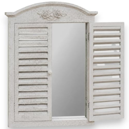 KORAT - Specchio da Parete Shabby Chic con Ante Veneziane in Legno, Specchio Decorativo Vintage Bianco Anticato, Arredo per Ingresso, Soggiorno, Camera da Letto, 65,5x48 cm