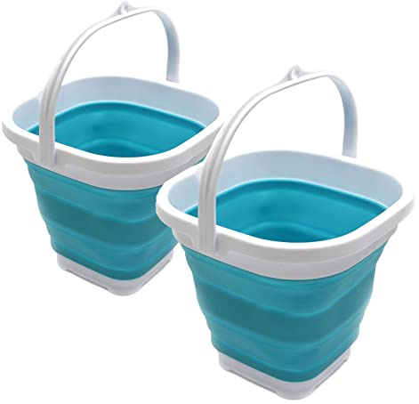 SAMMART 2.6L Set of 2 Super Mini Sqare Collapsible Plastic Bucket - Foldable Square Tub - Portable Fishing Water Pail - Space Saving Outdoor Waterpot (2, Bright Blue)