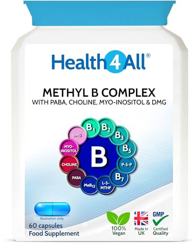 Methyl B-Complex 60 Capsules, with L-5-Methylfolate, P5P, DMG & PABA | 5-MTHFR, Stress & Energy Support Supplement witth Methylcobalamin, Methyl Folate, DMG & PABA | Made in UK by Health4All