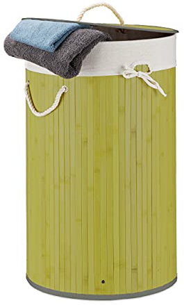 Relaxdays Wäschekorb Bambus, Faltbare Wäschetonne mit Deckel, Volumen 70 Liter, Wäschesack Baumwolle, rund Ø 41 cm, grün