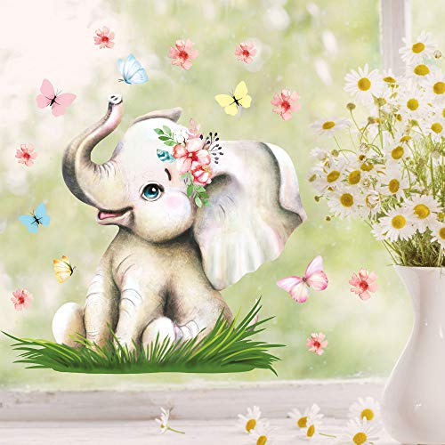 Wandtattoo Loft Fensterbilder Frühling Elefant mit Schmetterlingen – A3 Bogen, Wiederverwendbar – Frühlingsdeko Fenster, Frühlingsbild Fenster, Fenster Frühling, Fensterfolie Frühling Selbstklebend