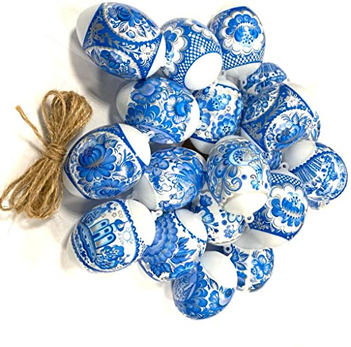 Ukrainisches Kunsthandwerk 21 Ostereier mit unsere Folie bezogen. Blau/Silber. auf weiße Eier GZEL mit Aufhänger. WETTERFEST