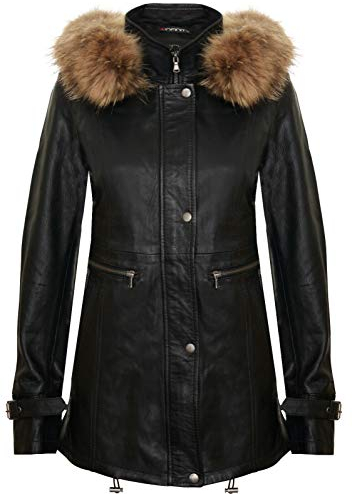 Infinity Leather Abrigo para Damas de Cuero Negro con Capucha Desmontable M