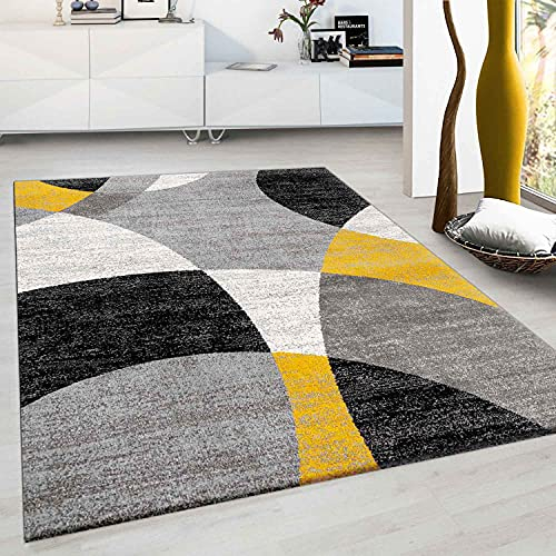 VIMODA Teppich kurzflor Geometrisches Kreis-Muster Meliert Gelb Grau für Wohnzimmer, Schlafzimmer, küche, Maße:80x150 cm