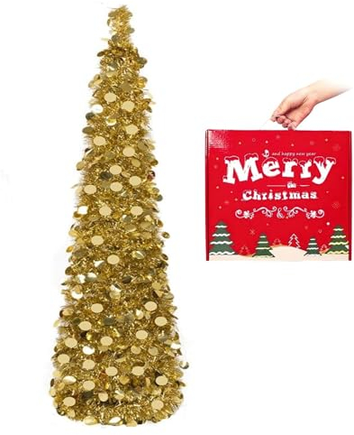 N&T NIETING Albero di Natale Gold con supporto 150cm, albero di Natale pieghevole pop-up Gold con paillettes per Natale, Halloween, feste, decorazione domestica