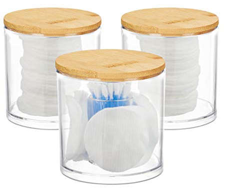 Relaxdays Wattestäbchen Aufbewahrung, 3er Set, Wattepadhalter, Deckel, pflegeleicht, Acryl & Bambus, Natur-transparent