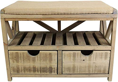 Dekoleidenschaft Sitzbank im Used-Look aus recyceltem Holz mit Sitzkissen + 2 Schubladen, Flurbank, Sitzkommode, Holzbank, Garderobenbank, Schuhbank