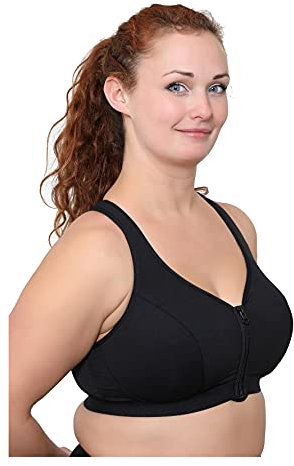 Women's Medium - High Impact Wirefree Zip Front Workout Gym Sports Bra (Black, 38G)