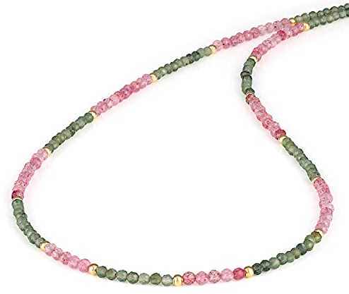 NirvanaIN – Facettierte runde Nephrit-Jade und Erdbeerquarz-Edelstein (2–2,5 mm), Perlen-Halskette für Frauen mit 925er-Silber-Verschluss (45 cm)